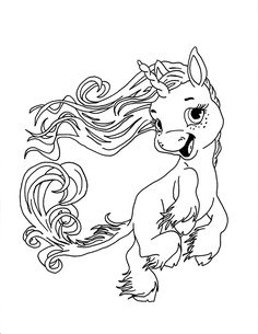 a cartoon horse with long hair and big eyes is shown in this black and white drawing