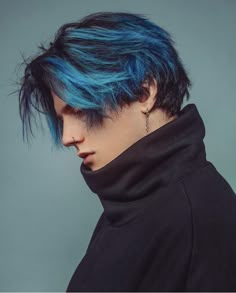 Long Colored Hair Men, Long Hair Men Highlights, Dyed Hairstyles For Men, Guy With Blue Hair Aesthetic, Men Blue Hair Color, Color Hair Ideas For Men, Men’s Blue Hair, Black Blue Hair Men, Colorful Mens Hair