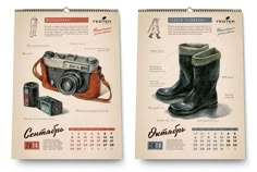 two calendars with pictures of shoes and cameras on them, one is for the photographer