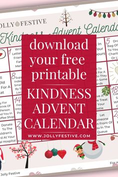 the free printable holiday calendar for kids and adults is shown in red with white lettering