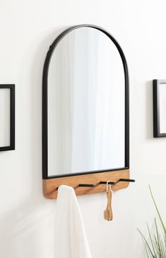 a mirror hanging on the wall next to a towel rack and potted plant in front of it