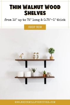 two shelves with plants on them and the words, thin walnut wood shelves from 1 to 7