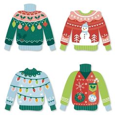 three sweaters with christmas decorations on them