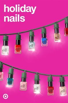 an advertisement for elf nail polish on a pink background with christmas lights strung across it