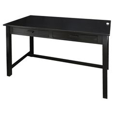 a black desk with two drawers on one side and an open drawer on the other