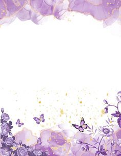 purple flowers and butterflies on a white background