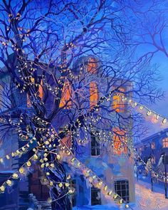 a painting of a tree with lights on it in front of a building and snow covered ground