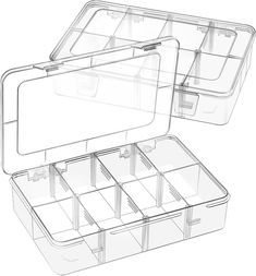 an open plastic storage box with compartments on the bottom and inside, shown against a white background