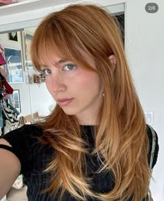 Mathilde Roien Hair, Natural Redhead To Blonde, 60s Red Hair, Womens Long Haircut With Bangs, 2000s Straight Layered Hair, Red Glaze On Blonde Hair, Front Bangs And Layers, Strawberry Hair Blonde Highlights, Effortless Layered Hair