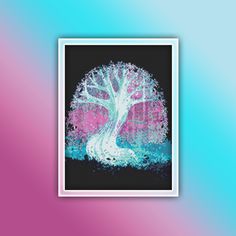 a cross stitch picture of a tree with pink and blue leaves