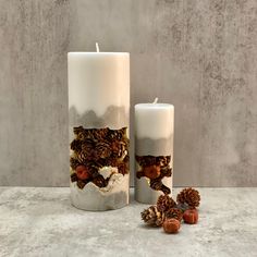 two white candles sitting next to each other with pine cones and nuts on the table