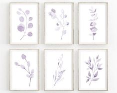 six lavender watercolor flowers on white paper framed in wood frame, set of 6