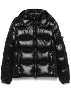 black textured finish quilted front zip fastening padded design goose down blend filling detachable hood long sleeves logo patch at the sleeve sleeve zip pocket elasticated cuffs two side welt pockets straight hem Moncler Jacket, Quilted Puffer Jacket, Hot Sneakers, Detachable Hood, Ballet Flat Shoes, Padded Jacket, Puffer Jacket, Girls Shoes, Down Jacket