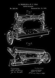 a black and white drawing of a sewing machine with the words,'w wheeler & w