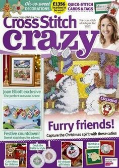 the front cover of cross stitch crazy magazine with pictures of cats and dogs on it