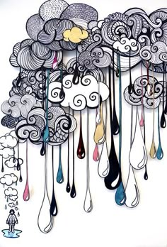 an art piece with many different colors and designs on it, including clouds and rain drops