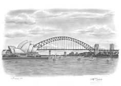 a drawing of the sydney harbour bridge and opera house in australia, drawn by hand