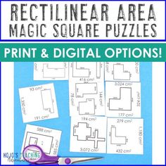 print and digital options for rectilinear area magic square puzzles with text overlay