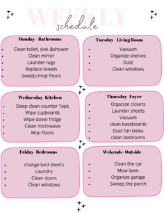 a pink and white printable weekly schedule with the words, schedules, and tasks