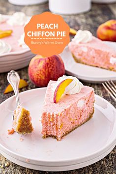 A slice of Peach Chiffon Pie on a white dessert plate. Easy Nobake Dessert, Large Batch Breakfast, White Peach Recipes, Comfort Food Recipes Dessert, Peach Chiffon Pie, Fun Pies, Peach Recipes Dessert, Desserts Peach, Pie Peach