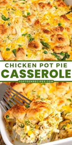 chicken pot pie casserole in a white dish with a fork