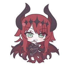 an anime character with horns on her head and red hair, wearing a black outfit