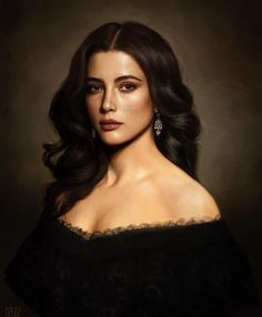 a painting of a woman in black dress with long dark hair and earrings on her head