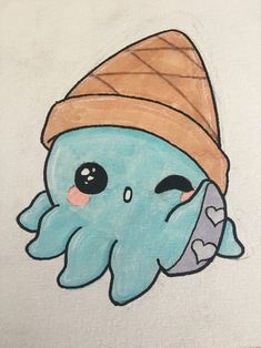 a drawing of an octopus with a hat on it's head holding a knife