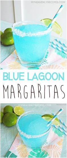 blue lagoon margaritas with lime wedges on the side and text overlay that reads, blue lagoon margaritas