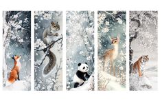 four different pictures of animals in the snow with trees and flowers behind them, one has an animal on it's back