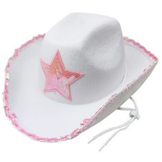 PRICES MAY VARY. Includes one (1) White Felt Cowgirl Hat with Princess Pink decorate trim and Sequin Star. Made of polyester felt. Circumference 22", Brim 3" wide, Crown 5" tall. Perfect for Cowboy hat, Cowgirl hat, Western costume, dress-up, role play, Halloween costume must have accessory Hat. One size fits all, 3 years and up GIFTEXPRESS White Felt With Pink Sequin Star Cowboy Hat This cowgirl hat is a must have accessory for perfecting your western look. Made of high quality of polyester fel Country Themed Party, Star Cowboy Hat, Felt Cowgirl Hat, Country Themed Parties, White Cowboy Hat, Pink Cowboy Hat, Western Costumes, Felt Cowboy Hats, Pink Cowgirl