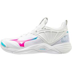 a white tennis shoe with blue and pink accents on the upper part of the shoe