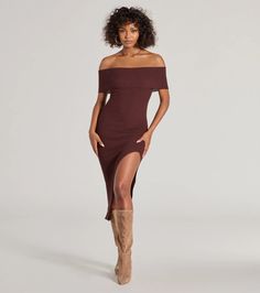 Raise the bar in this knit high slit midi dress boasting a sultry off-the-shoulder neckline and a form-hugging fit. Pair with boots.Fit & FeaturesRibbed knit fabric, plenty of stretchOff-the-shoulder necklineFold over accent at bustHigh side slitMidi-length hemForm-hugging fitRuns true to size Orange Homecoming Dresses, Midi Dress Brown, Purple Homecoming Dress, Backless Dress Short, Fall Sweater Dress, Green Homecoming Dresses, Beach Wedding Guest Dress, Raise The Bar, Lace Dress Styles