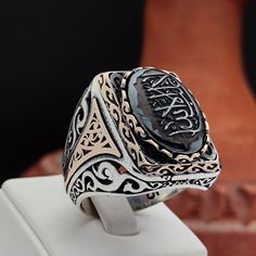 La Galibe illAllah Arabic "There is no victor except Allah" is engraved on the Hematite Stone. 925 Silver Men's Ring, Father's Day Gift Hematite Rings, Solomons Ring, Arabic Writing, Hematite Ring, Islamic Jewelry, Men Rings, Sterling Silver Mens Rings, Hematite Stone, Mens Silver Rings