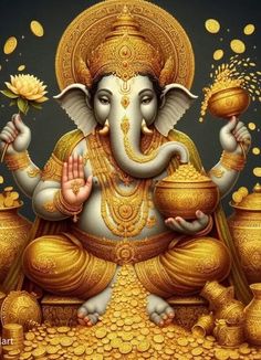 an elephant is sitting in the middle of gold coins and holding a pot with its trunk