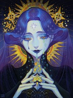 a painting of a woman with blue hair and stars on her head, holding up her hands in front of her face