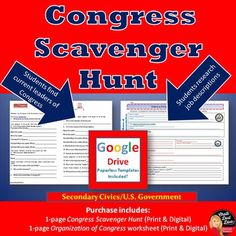 the congress scavenger hunt is shown in red, white and blue with arrows pointing to