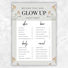 a white and gold printable sign with the words, become that girl glow up