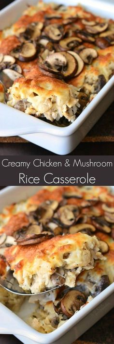 two pictures of a casserole dish with chicken and mushrooms