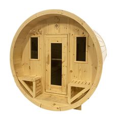 a wooden sauna is shown in the middle of a circular frame with two benches