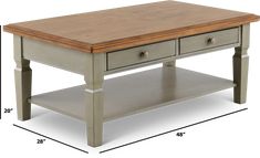 a coffee table with two drawers and one drawer on the bottom, is shown in measurements