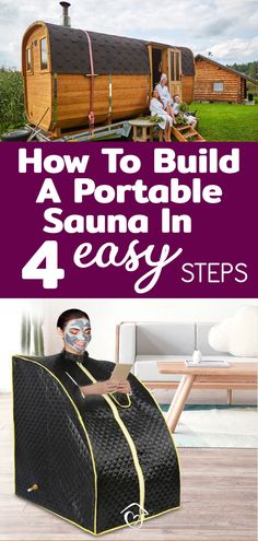 a man sitting on top of a couch with the words how to build a portable sauna in 4 easy steps