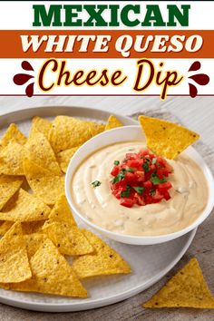 white queso dip with tortilla chips on the side