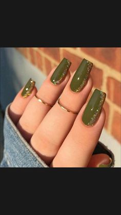 Black Fine Glitter Nails, African American Nails Acrylic, Fun Easy Acrylic Nails, Olive Green Christmas Nails, Army Green Nails With Design, Green Coffin Acrylic Nails, Green Nails Coffin, Elegant Green Nails, Hawaii Ideas