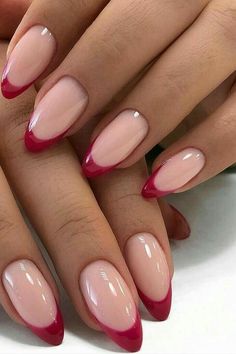 Pink Nails Red French Tip, Cute But Basic Nails, Red Pink French Tip Nails, Pink Red French Tip Nails, Pink Nails With Red French Tip, Nails To Go With A Red Dress, Nail Red French, Classy Nails French, French Red Nails