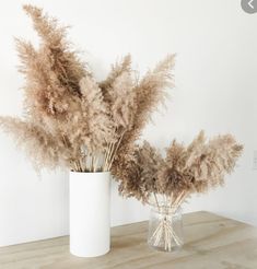 two vases with dried plants in them on a table