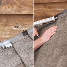 two pictures showing how to fix the roof shingles