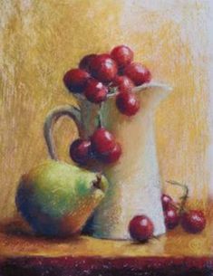 a painting of cherries and a pitcher on a table