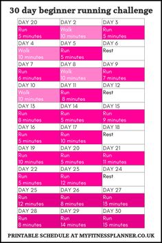 the 30 day beginner running challenge is shown with pink and black numbers on it