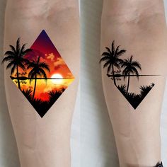 two tattoos on the legs of people with palm trees and sunset in the back ground